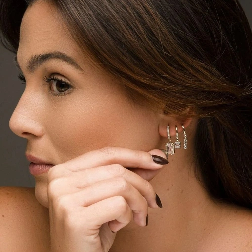 Brinco Banho de Ouro 18k Argola Pingente Retangular Zircônia