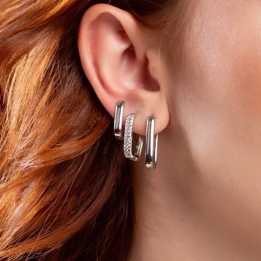 Brinco Banho de Ródio Branco Argola Retangular Com Zircônias