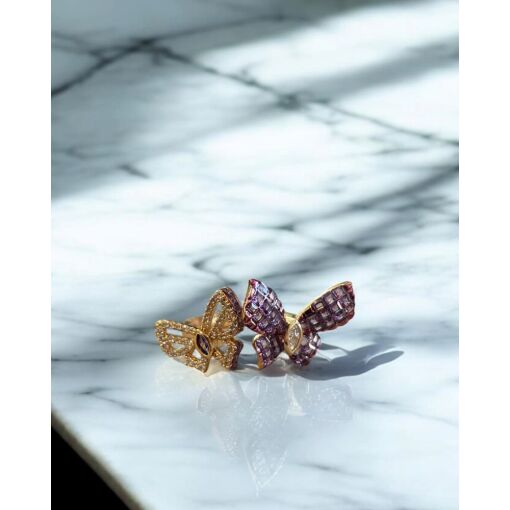 Anel Banhado A Ouro 18K Borboleta Com Zircônia Roxa e Branca