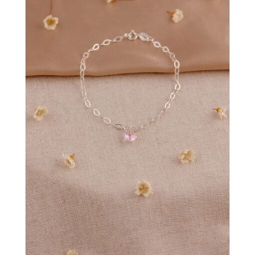 Pulseira Prata 925 Com Zircônia Rosa Pendurada