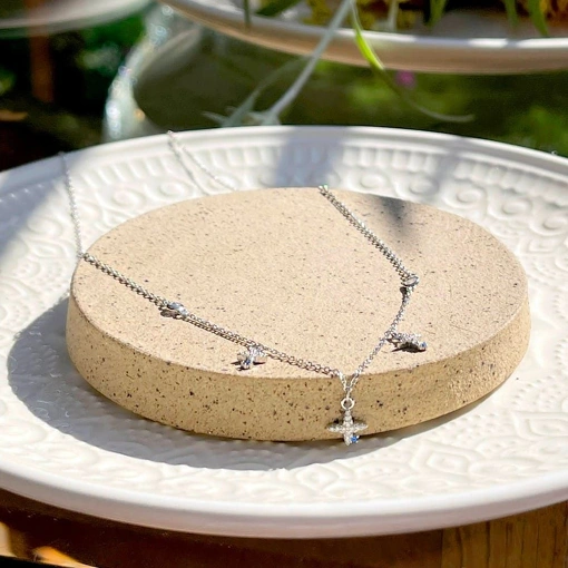 Colar Prata 925 Com Banho De Ródio Branco Estrelas Zircônia