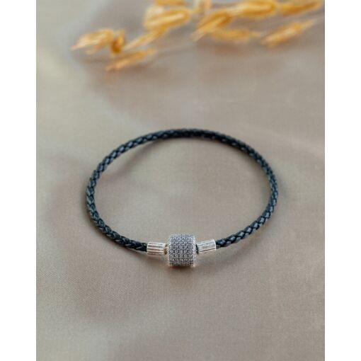 Pulseira Prata 925 Couro Para Berloques Com Zircônia Branca