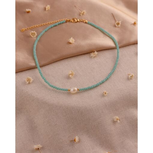 Colar Banhado A Ouro 18K Cristal Azul Claro Pérola Água Doce