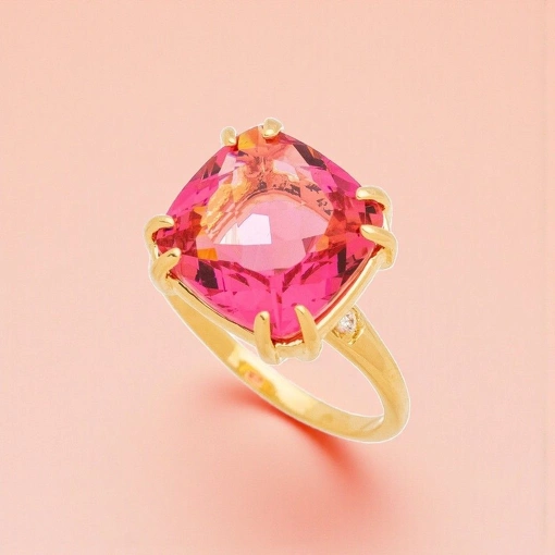 Anel Banho De Ouro 18K Com Zircônia Rosa Quadrada