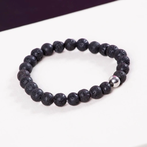 Pulseira Masculina Banho de Ródio Branco Lava Vulcânica