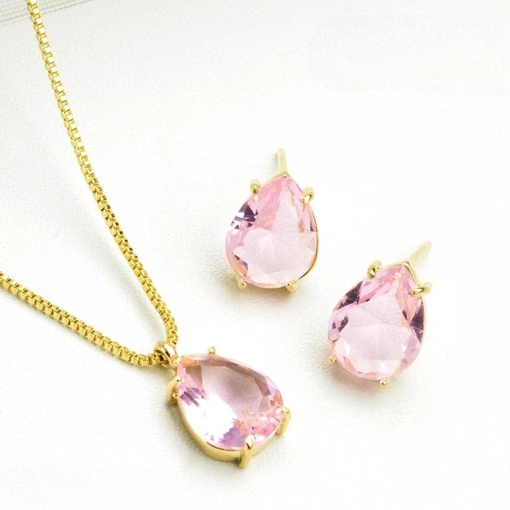 Colar Banho De Ouro 18K Gota Com Zircônia Rosa