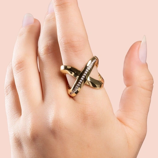 Anel Banho de Ouro 18k Cruzado Com Zircônias Brancas