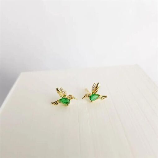 BRINCO  PASSARO LISO/CRAV ZIRC VERDE ESMERALDA|9MM|BANHADO EM OU