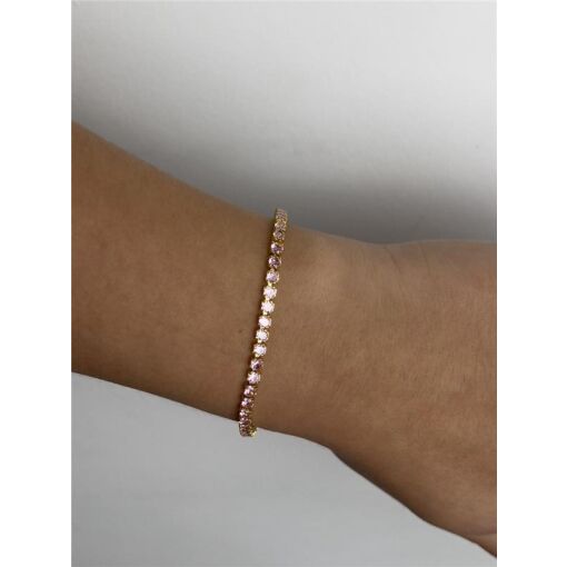 PULSEIRA RIVIEIRA 3MM CRISTAIS ROSA | BANHADO EM OURO 18K