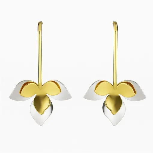 BRINCO MEIA ARGOLA TRIANGULAR PINGENTE FOLHA PRATA/DOURADA | BAN