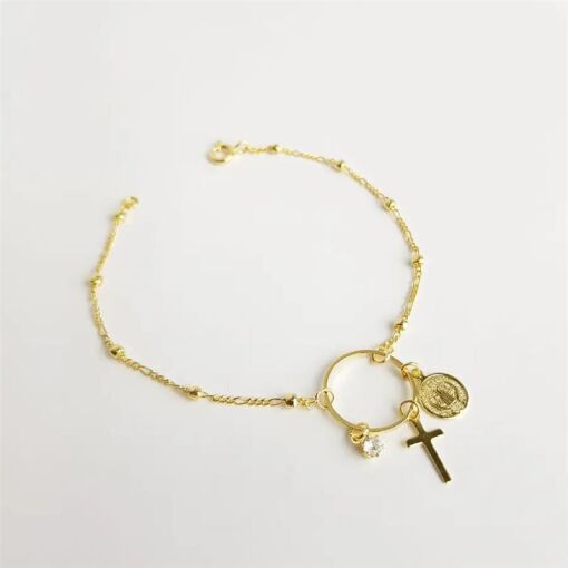 PULSEIRA  ELOS INTERC.ESFERA/CRUZ/LUZ/JESUS| 18CM|BANHADO EM OUR