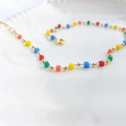 TORNOZELEIRA QUADRADINHOS COLOR|22+5|BANHADO EM OURO 18K