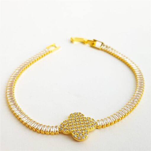 PULSEIRA BAGUETES CRISTAIS TREVO CRAVEJADO | 20CM | BANHADO EM O