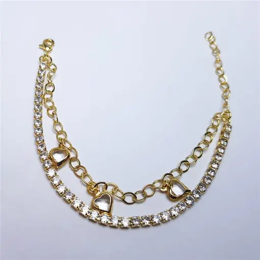 PULSEIRA DUPLA RIVIEIRA 3MM / ELOS OVAIS COM 3 PINGENTE CORAÇÃO