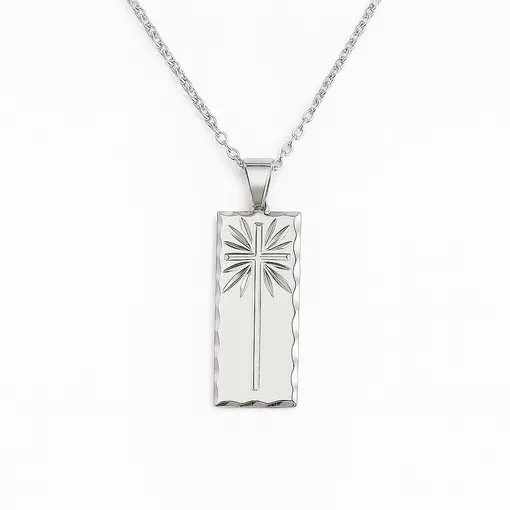 COLAR ELO CADEADO FINO PINGENTE PLACA LISA VAZADA EM CRUZ DETALH