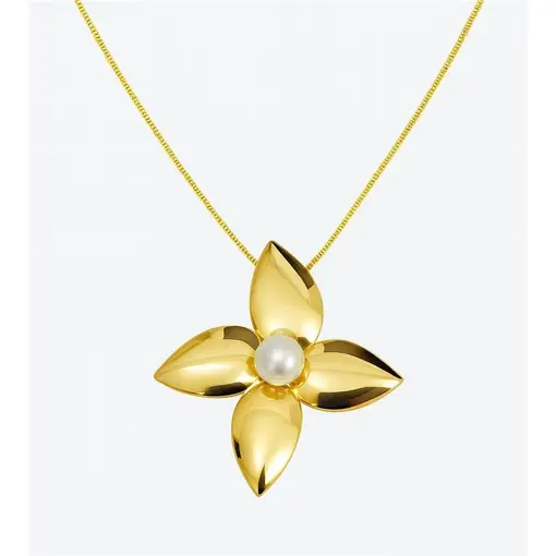 COLAR VENEZIANA PINGENTE FLOR 4 PETALAS COM PÉROLA | BANHADO EM