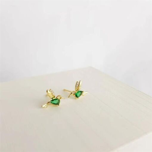 BRINCO  PASSARO LISO/CRAV ZIRC VERDE ESMERALDA|9MM|BANHADO EM OU