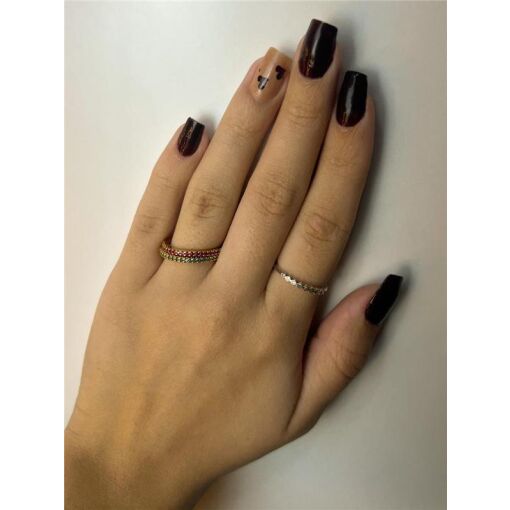 ANEL DUPLO ARO LISO FRENTE CRAVEJADO ROSA/VERDE |  BANHADO EM OU