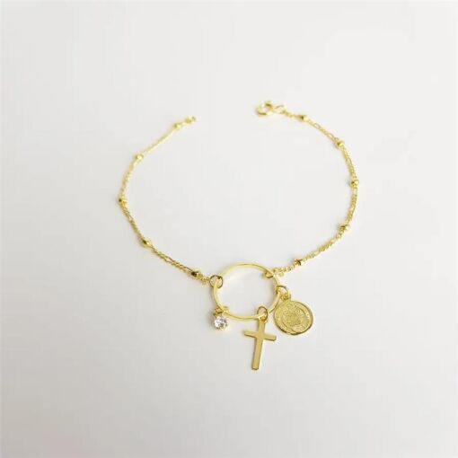 PULSEIRA  ELOS INTERC.ESFERA/CRUZ/LUZ/JESUS| 18CM|BANHADO EM OUR