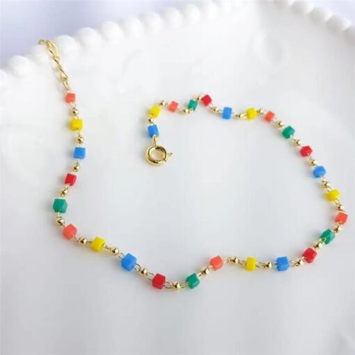 TORNOZELEIRA QUADRADINHOS COLOR|22+5|BANHADO EM OURO 18K