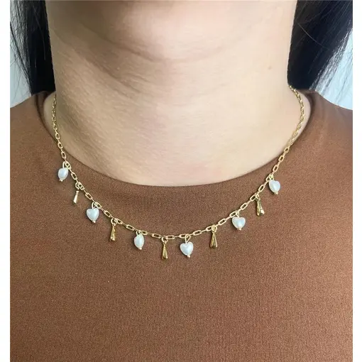 COLAR ELO CARTIER 5 GOTAS DOURADAS 6PÉROLAS CORAÇÃO | BANHADO EM