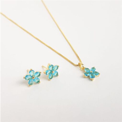 CONJUNTO VENEZIANA PG FLOR ZIRCÔNIA AZUL CLARO | BANHADO EM OURO