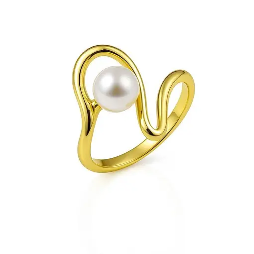 ANEL ARO LISO ONDULADO CENTRO PÉROLA | BANHADO EM OURO 18K