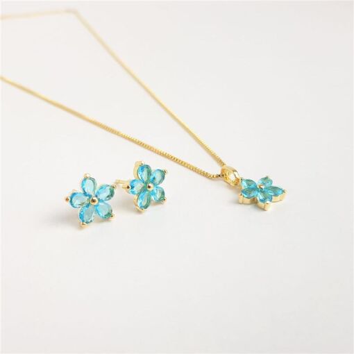 CONJUNTO VENEZIANA PG FLOR ZIRCÔNIA AZUL CLARO | BANHADO EM OURO