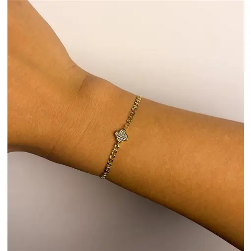 PULSEIRA ELO ENTRELAÇADO CENTRO TREVO CRAVEJADO | BANHADOEM OURO