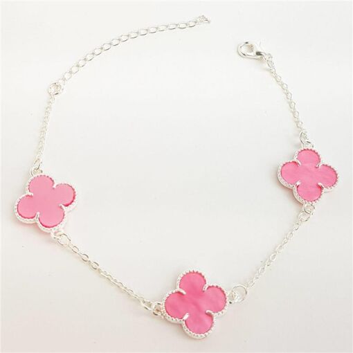 PULSEIRA ELO BAILARINA 3 TREVOS ROSAS| 16+5CM| BANHO DE PRATA