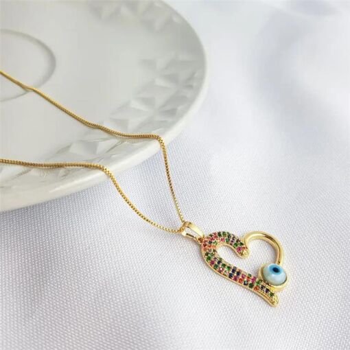 COLAR CORACAO METADE ZIRC COLOR COM OLHO GREGO| 45CM| BANHADO EM