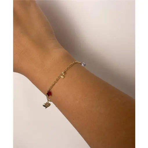 PULSEIRA ELO GRUMET EM CRISTAIS COLORIDOS COM 2 PINGENTE CORAÇÃO