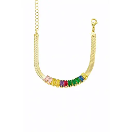 PULSEIRA FITA 5MM CENTRO BAGUETES CRISTAL COLORIDO | BANHADO EM