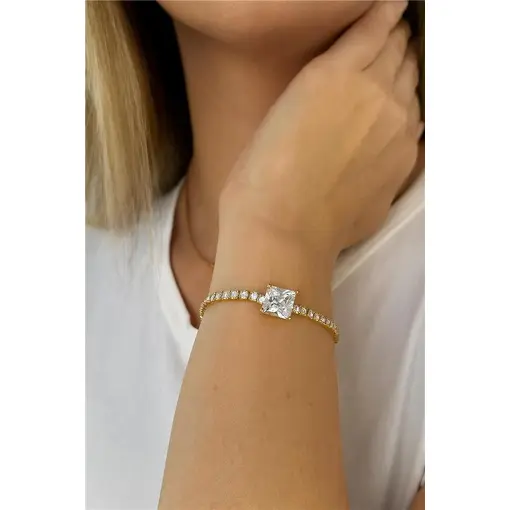 PULSEIRA RIVIER PEDRA RETANGULAR CIRSTAL|15+5 CM|BANHADO EM OURO
