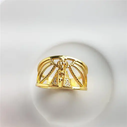 ANEL EM AROS LISO VAZADO CENTRO NOSSA SENHORA MANTO EM ZIRCÔNIA