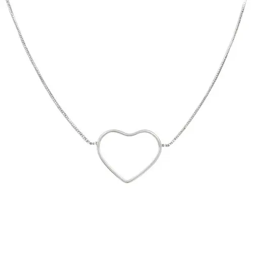 COLAR VENEZIANA CENTRO CORAÇÃO LISO VAZADO FINO | BANHO DE PRATA