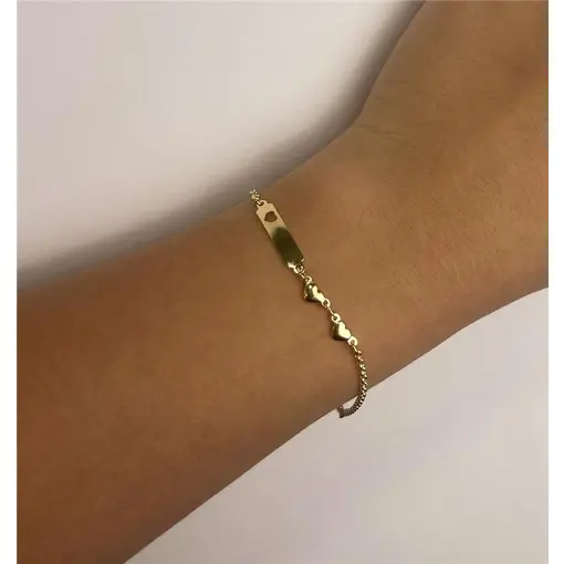 PULSEIRA ELO PORTUGUÊS COM 2 CORAÇÕES LISO + PLACA RETANGULAR CO