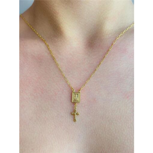 COLAR COM PLACA E PINGENTE DE CRUZ | 60CM | BANHADO EM OURO 18K