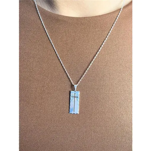 COLAR ELO CADEADO FINO PINGENTE PLACA LISA VAZADA EM CRUZ DETALH