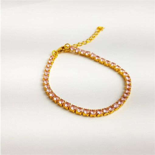 PULSEIRA RIVIEIRA 3MM CRISTAIS ROSA | BANHADO EM OURO 18K