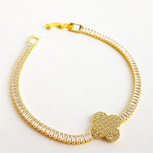 PULSEIRA BAGUETES CRISTAIS TREVO CRAVEJADO | 20CM | BANHADO EM O