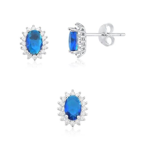 CONJUNTO  PRATA 92,5 OVAL COM PEDRAS AO REDOR - SAFIRA