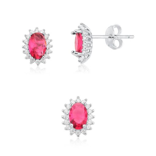 CONJUNTO  PRATA 92,5 OVAL COM PEDRAS AO REDOR - RUBY