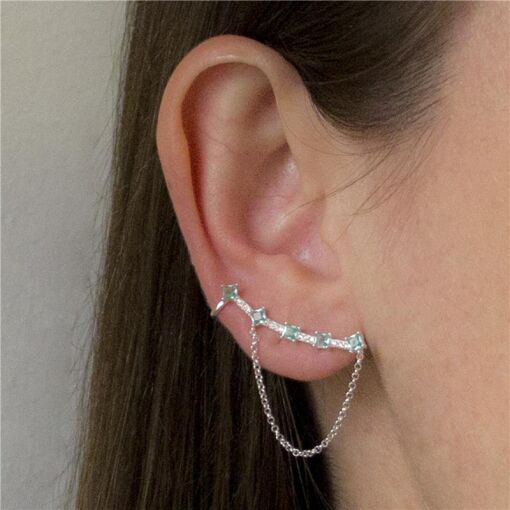 BRINCO PRATA 92,5 EAR CUFF CORRENTE, PEDRAS CARRÊS - GREEN