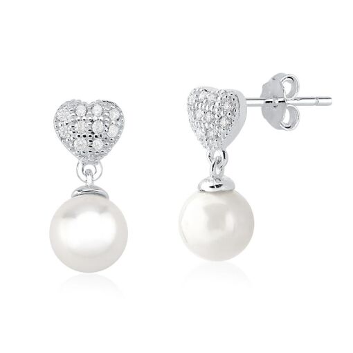 BRINCO PRATA 92,5 CORAÇÃO EM PAVE, COM PEROLA