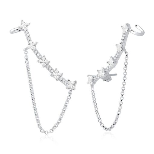 BRINCO PRATA 92,5 EAR CUFF CORRENTE, PEDRAS CARRÊS