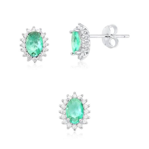CONJUNTO  PRATA 92,5 OVAL COM PEDRAS AO REDOR - TURMALINA