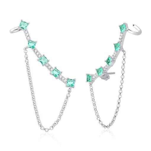 BRINCO PRATA 92,5 EAR CUFF CORRENTE, PEDRAS CARRÊS - GREEN