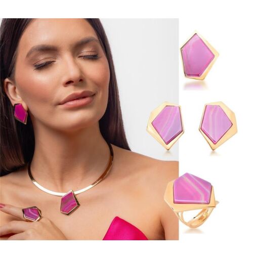 PINGENTE BANHADO OURO 18K - PEDRA ÁGATA PINK LISTRADA PEROLIZADA