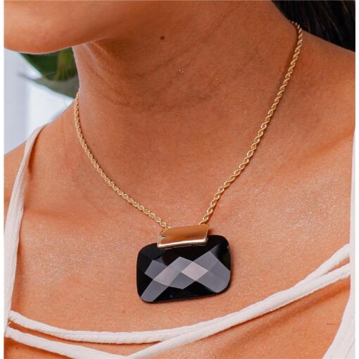 PINGENTE BANHADO OURO 18K - PEDRA QUARTZO OBSIDIANA NEGRA